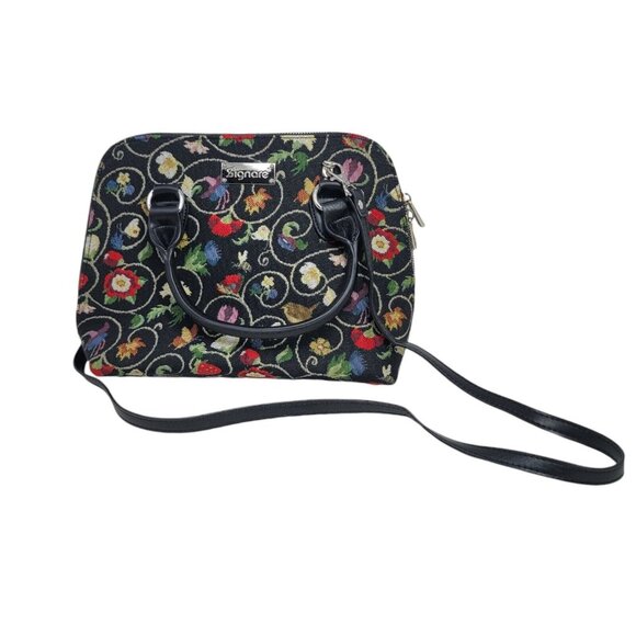 Signare Tapestry Handbag Satchel Floral Black Pink Strawberries Bumblebee Bee - Picture 1 of 9